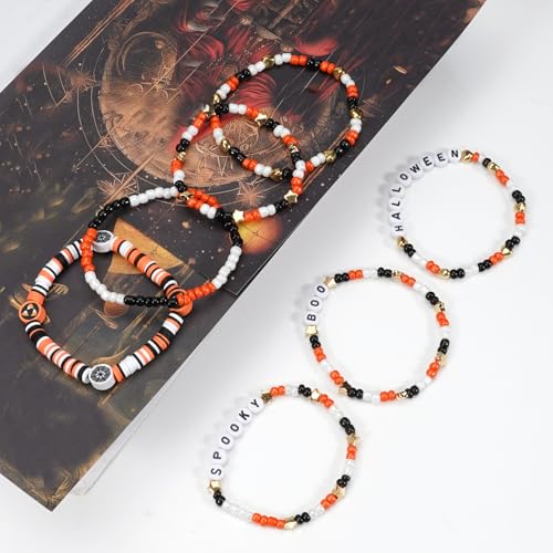 Ardorchid Halloween Bracelets for Women Pumpkin Ghost Steleton Bat Skull Beaded Stackable Stretchy Bracelet Rugby Thanksgiving Christmas Heishi Bracelets3