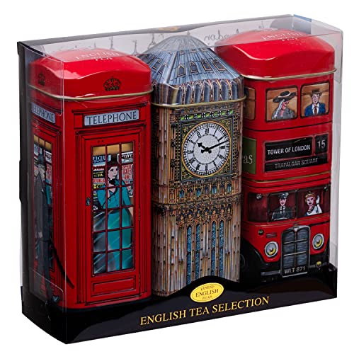 British Heritage 3x Tea Tins with 42 English Teabags (Big Ben, Red London Bus, Telephone Box)