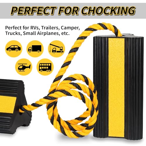 OULEME Heavy Duty Rubber Wheel Chocks, 1 Pair, Non-Slip Tire Stopper Blocks with Rope, for RV Camper Travel Trailers Motorhome Aircraft Car Truck