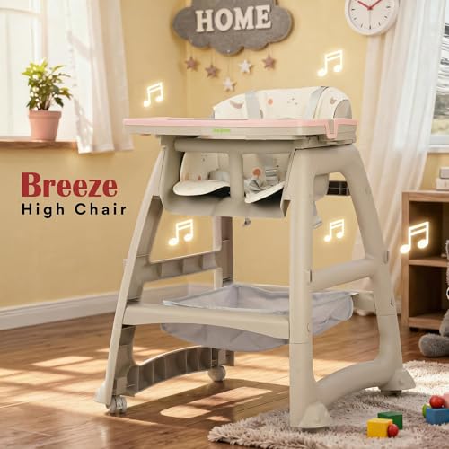Image of Baybee Breeze High Chair for Kids with Musical Tray, Dual Removable Trays, Adjustable Feeding System, 5-Point Safety Belt, Storage Basket & Detachable Cushion for 6 Months to 3 Years (Beige & Pink)