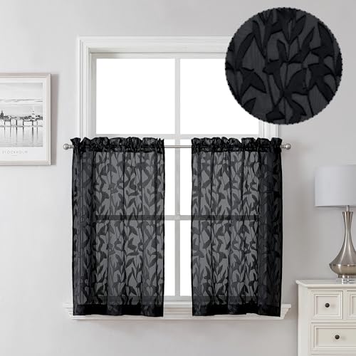 Lecloud Leia 2 PCS Black Sheer Kitchen Curtains 36 Inch Length, Airy & Breathable Clip Textured Leaf Cafe Living Room Voile Curtain Tiers, Dual Rod Pockets Jacquard Bathroom Bedroom Drapes, 38W x 36L
