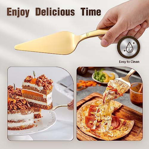 Amrules Cake Server, Wedding Cake Cutting Set 2 Piece Gold Cake Cutter, Stainless Steel Pie Server with Smooth Edge and Exquisite Pattern Design for Pastry Pizza Dessert