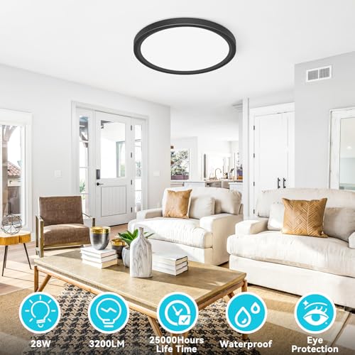 Image of libtit 12 inch Flush Mount LED Ceiling Light Fixture, 3000K 4000K 6500K Adjustable, 28W 3200lm Black Round Lighting Fixtures for Bathroom Shower Hallway Kitchen, 6 Pack