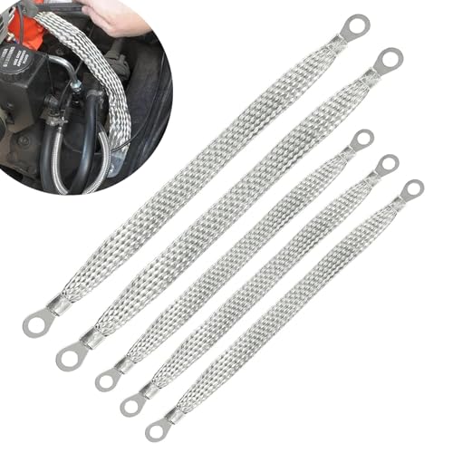 waswale Pack-5 Car Engine Ground Strap Kit, 10" + 13" 220V Multifunctional Bridge Grounding Ignition Coil Grounding Strap, Metallic Flat Copper Braided Flexible Cable, Universal for Cars (Silver)