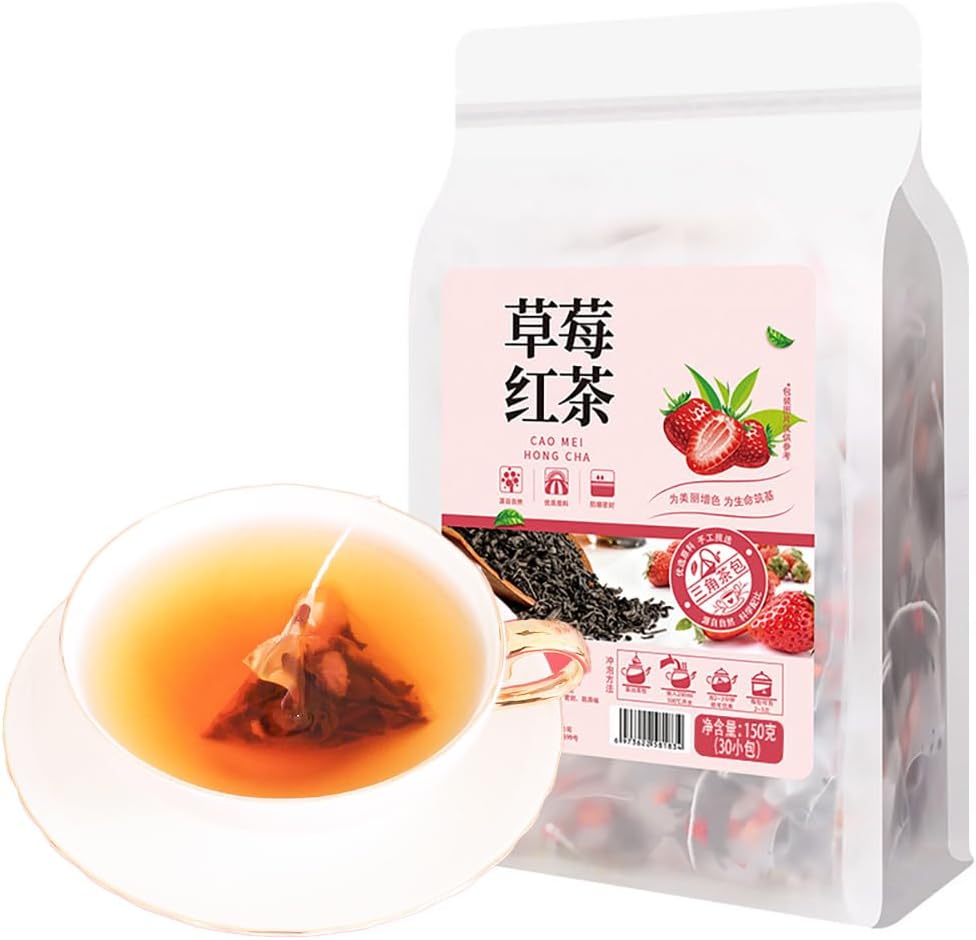 Plant Gift 30 Cups Strawberry Black Tea Bag (草莓红茶 CAO MEI HONG CHA) 5.29oz (5g*30bags/150g) Black Tea，Dried Strawberries, Natural Mixed Herbal Combination of Floral Tea