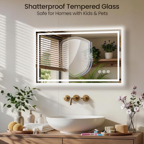 Image of 40x24 LED Bathroom Mirror with Anti-Fog, Backlit & Front Lit, Memory | Stepless Dimmable 3 Color CRI 95+ Shatterproof Tempered Glass ETL Listed for Safety Lighted Bathroom Vanity Mirror for Wall