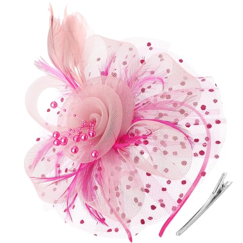 Image of DRESHOW Fascinators Hat Flower Mesh Ribbons Feathers on a Headband and a Clip Tea Party Headwear for Girls and Women