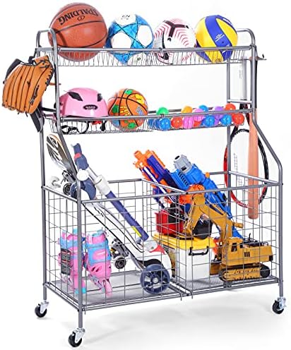 Sports Storage Organizer for Garage, WEYIMILA Ball Storage Garage with Baskets and Hooks, Rolling Sports Equipment Storage Cart with Wheels, Basketball Racks, Garage Sports Equipment Organizer (Gray)