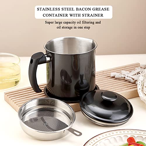 Kyraton Black Bacon Grease Container with Strainer, 1.4L Black Coating Stainless Steel Oil Container - Image 3