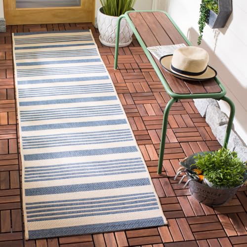 SAFAVIEH Washable Rug Outdoor Courtyard Collection - 2'3' x 8' Runner, Beige & Blue, Non-Shedding & Easy Cleaning, Ideal for Patio, Entryway, Mudroom, Hallway, Kitchen (CY6062-233)