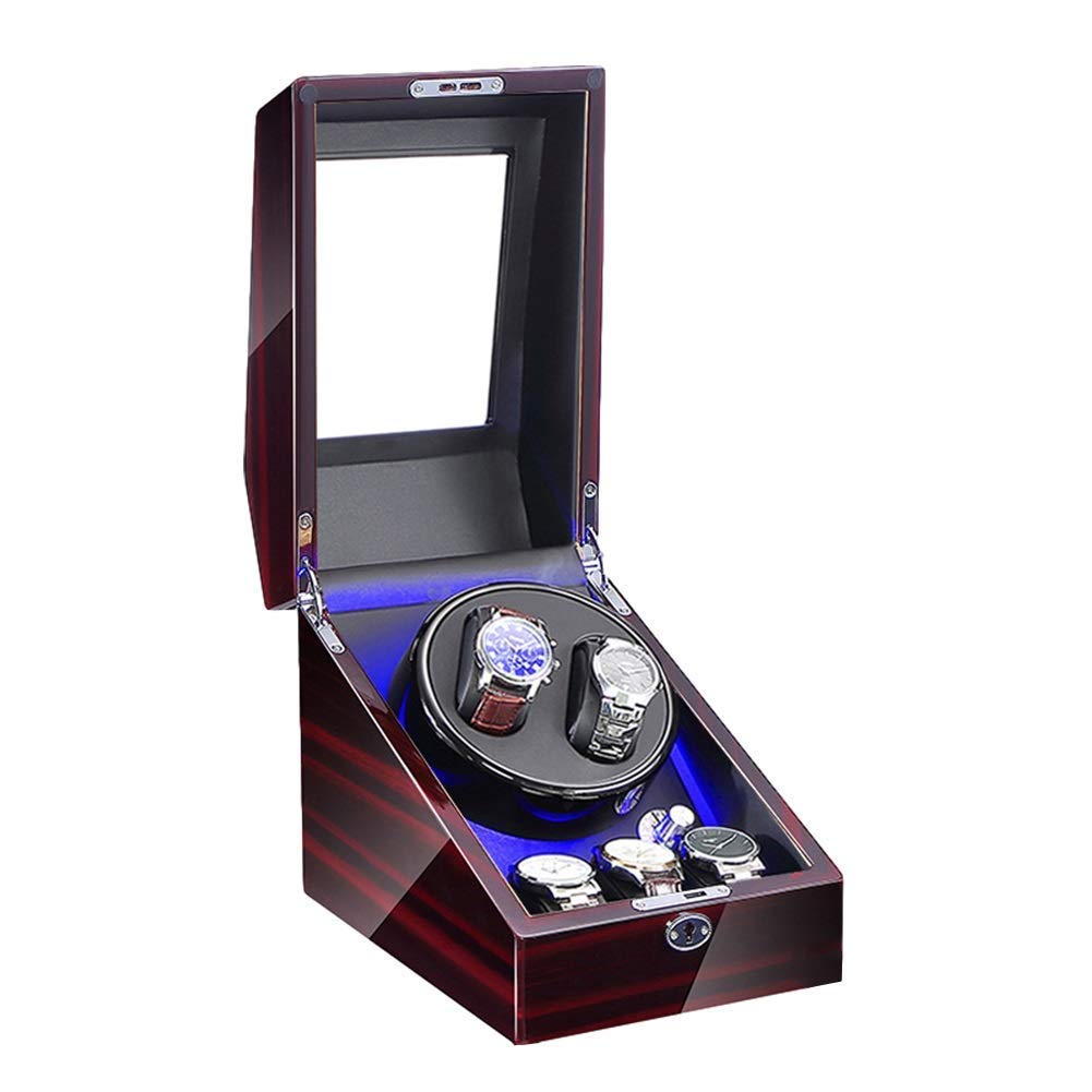Générique Uhrenbeweger für 2 Automatikuhren + 3 Fächer, blaue LED-Beleuchtung, Klavierlackierung, Netzadapter und leiser Motor, batteriebetrieben, Anzeige der Uhr, Aufbewahrung
