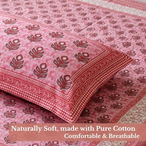 Image of Jaipur Weaves Jaipuri Double Bed Cotton Bedsheet Queen Size 90x85, 120 TC 100% Pure Cotton Bed Sheet with 2 Pillow Covers, Floral Traditional Print (Pink Buta, Double)