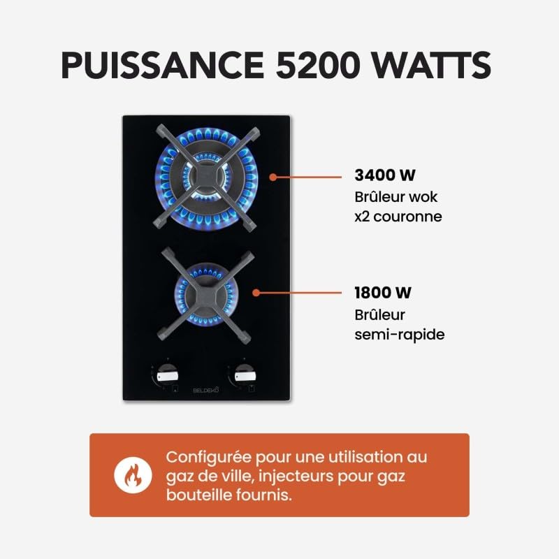 BELDEKO Plaque Gaz 2 Feux 5200W Noir Mat Grilles Fonte - Marque Française