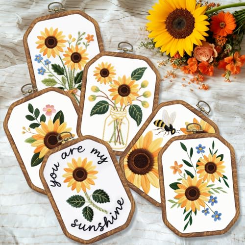Image of INFUNLY 6 Sets Octagon Sunflowers Embroidery Kit for Beginners Bee Stamped Embroidery Starter Kit 11.8x11.8 Vintage Hand Stitching Needlework Set with Step-by-Step Instruction for Adults Home Decor