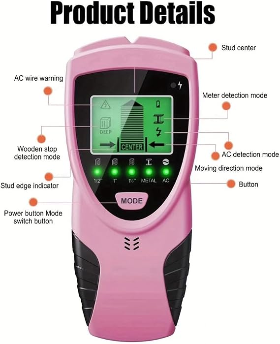 5-In-1 Wall Multi Function Scanner Edge Center Finding Digital Stud Finder Sensor, Pink