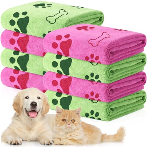Image of 8 Pcs Dog Towel for Drying, 40 x 24 Inch, Dog Paw and Bone, Pink,Green