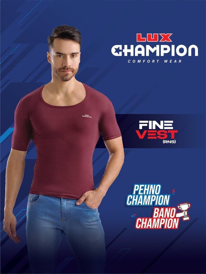 Image of Lux Champion Men's Cotton Vest RNS | 100% Super Combed Cotton | Round Neck, Half Sleeves, Breathable, Sweat-Absorbent Comfortable Lux Vest for Daily Use | Pack of 3