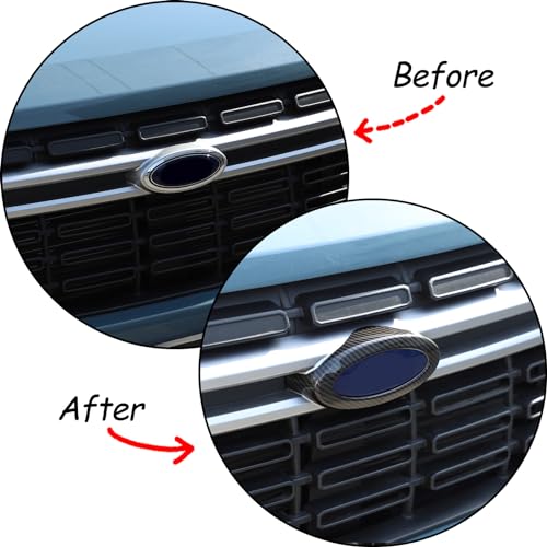 Image of Rear and Front Emblems Trim Ring Cover Compatible with Ford Maverick 2022-2025, Car Front and Rear Logo Circles Cover, Front Hood Rear Trunk Emblem Logo Decorative Accessories (Carbon Fiber Pattern)