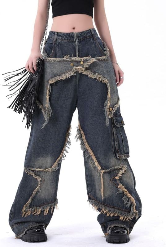Hopecn Y2K Baggy Jeans Women&Men Star Patch Aesthetic High Waist Straight Leg Pants Vintage Fashion Grunge Streetwear. - Image 2