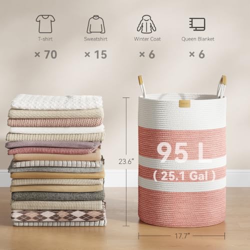 Image of 95L Laundry Hamper with Leather Handles,Laundry Basket,Coral Pink&White