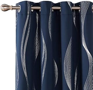 Deconovo Blackout Curtains Wave Striped Foil Print Room Darkening Grommet Blackout Curtain