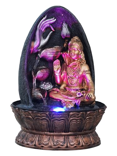 Image of Golden and Grey Polyresin Tabletop Lord Shiva Showing Mudra 3 Step Indoor Water Fountain for Home Decor with LED Light & Speed Control Pump (Size: 27 x 27 x 39CM | Wt: 2140Gram)