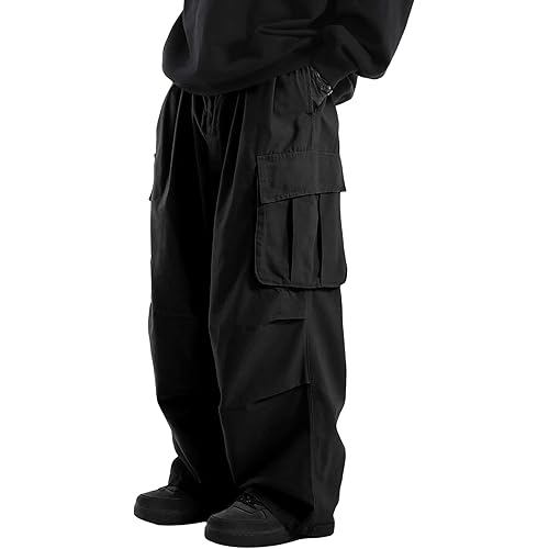 OYOANGLE Men's Drawstring Elastic Waist Flap Pockets Streetwear Baggy Cargo Pants Joggers Hiking Trousers