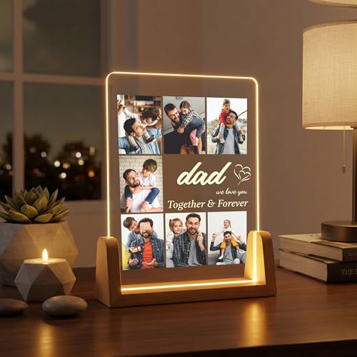 Image of Giftplease Personalized Rectangular Acrylic Wood Photo Frame | Warm LED Light Base Custom 7 Picture Collage Night Decor for Father Papa Husband | Fathers Day Best Dad Birthday Tabletop