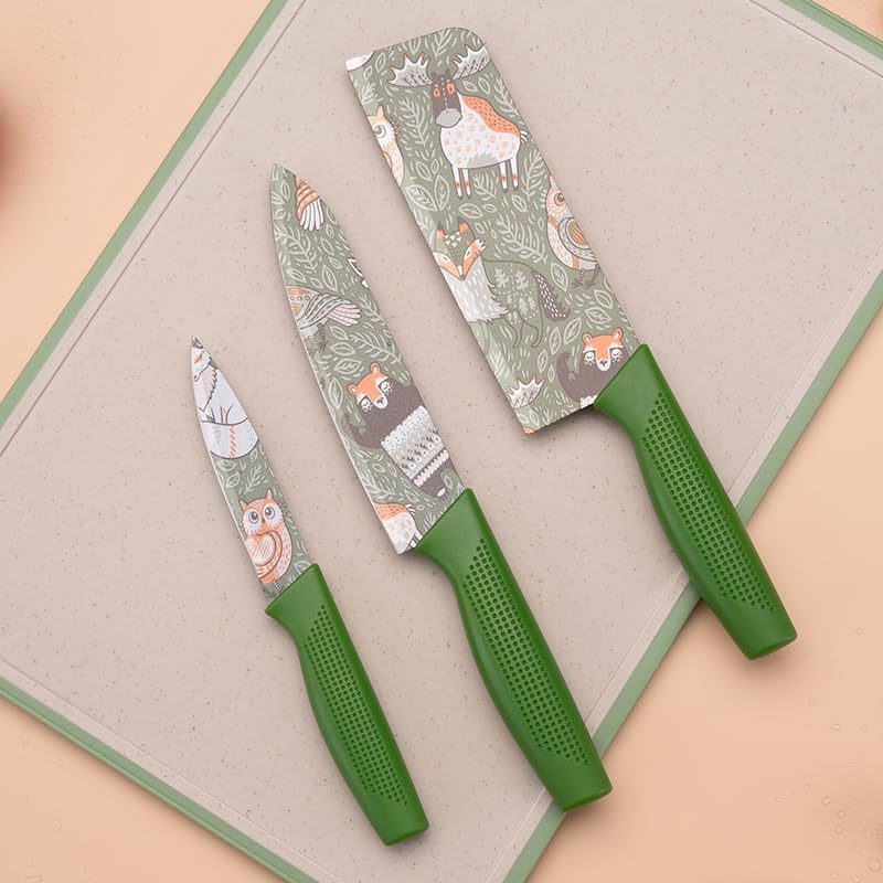Image of Knife Set for Kitchen Professional 3 Pieces High Carbon Stainless Steel Colour Printed Coated Chef Knife I Utility Knife I Kitchen Knives with Ergonomic (Green)