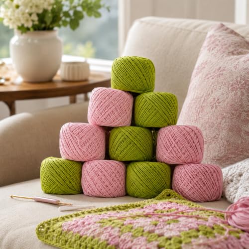Image of Crochet Cotton Thread Yarn Combo, 10 Rolls for Knitting, Crochet, Embroidery and Craft Making, Soft Decorative Thread for Handmade DIY Projects, Pink & Green