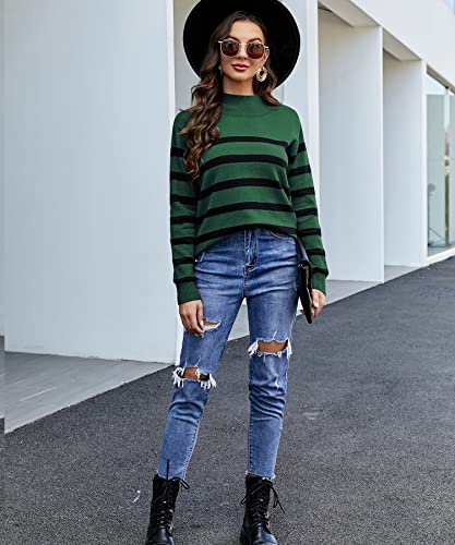 Liofoer Womens High Neck Striped Stitching Pullover Autumn Winter Long Sleeve Sweater Green #TOP4