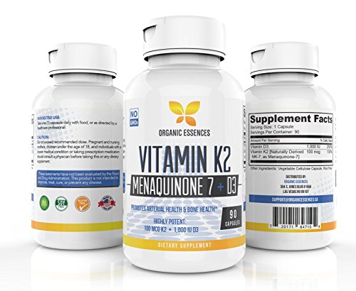 Organic Essences Vitamin K2 MK7 Supplement with D3-90 V.Caps - Natural MenaQ7 - Supports Healthy Bones, Healthy Heart, Superior Calcium Absorption 100% Natural. 100mcg VIT K2 + 1000IU D3