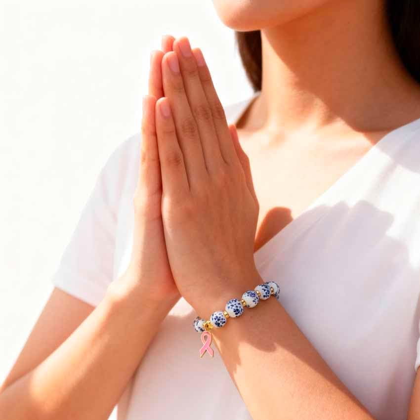 Breast Cancer Bracelets Natural Stone Cancer Awareness Bracelet for Women Pink Ribbon Handmade Beaded Encouragement Gift With Message Card - Image 7