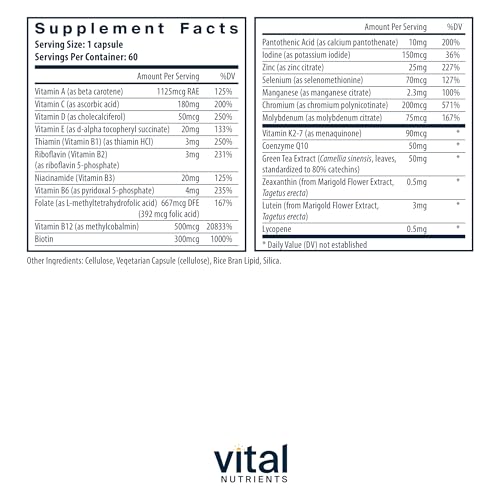 Vital Nutrients Once Daily Multivitamin | Vegan Multi for Women & Men | Allergen-Free | 19 Essential Vitamins + Antioxidants for Eye and Heart Health | Gluten, Dairy & Soy-Free | 60 Capsules - Image 3