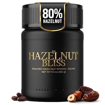 314 Hazelnut Bliss Premium Cacao Hazelnut Spread, 80% Roasted Hazelnuts, Sweetened with Dates, 3 Ingredients, No Palm Oil, 9.3 oz 265g