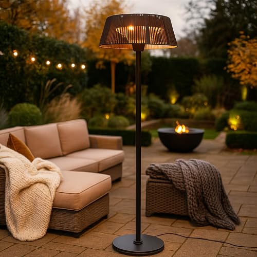 Image of JSH Caldo/Solara Floor Standing Outdoor Electric Patio Heater | 3 Heat Settings 800/1200/2000W | Large Stylish Modern 60cm Lampshade Design | Portable Garden Space Halogen Heating (Solara)
