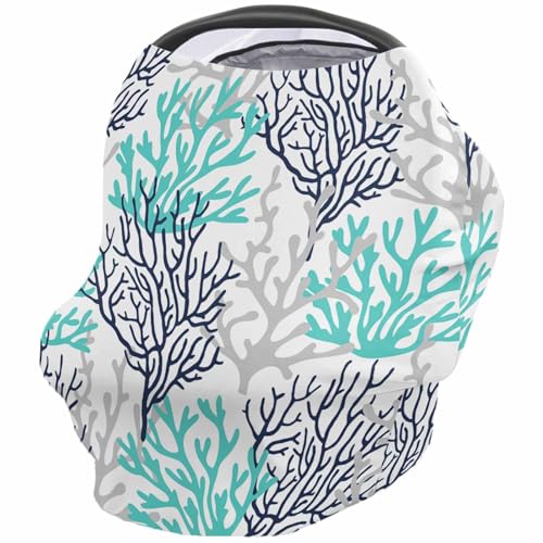 Nursing Cover for Breastfeeding Scarf, Summer Sea Blue Teal Gray Coral Baby Car Covers Super Soft Multi Use for Canopy Shopping Cart Cover Blanket Stroller Cover