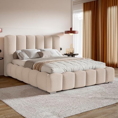MOTIVENA Grand Bubble Bett 140x200 Beige Boucle, mit Stauraum, mit Kopfteil, mit Lattenrost, mit Füßen, ohne Matratze, Bubble Polsterbett 140x200 mit Bettkasten Beige
