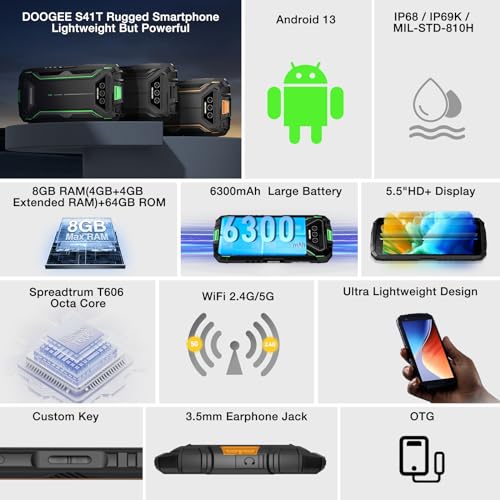 DOOGEE Movil Resistente Agua y Golpes S41T, Android 13, 8GB +64GB, 6300mAh Batería, Telefono Movil Libre 4G, Triple Cámara de 13MP, 5.5 Pulgadas Moviles Antigolpes, NFC/Face ID/GPS, Naranja