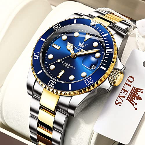 Mens-Watches-with-Date-Stainless-Steel-Band-41mm-Unidirectional-Rotating-Bezel-Large-Face-Case-Quartz-Analog-Waterproof-Luminous-Wrist-Watch-Two-Tone-Dress-Relojes-de-Hombre-GreenBlackBlue-Dial-Watche