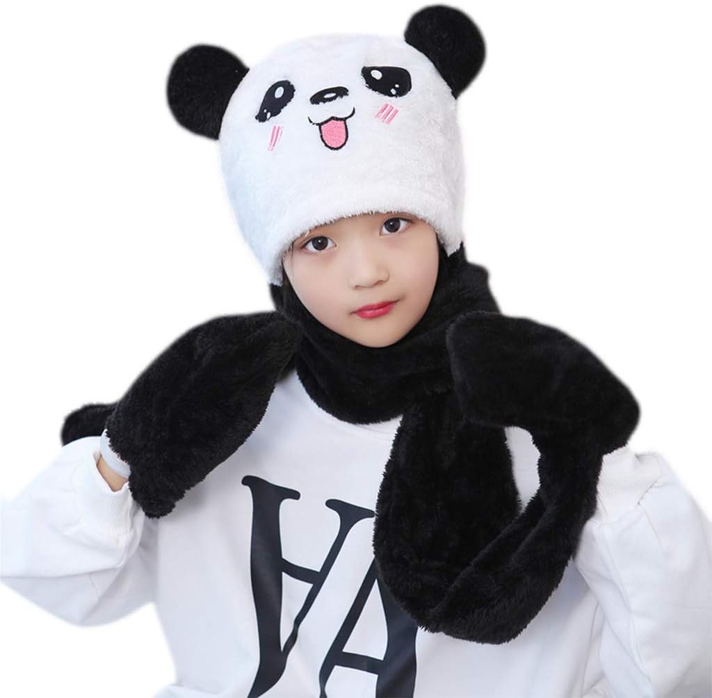 Scarf,3 in 1 Kids Boys Girls Hooded Scarf with Pockets Hat Long Scarf Gloves Set Cute Panda Ears Thicken Plush Warm Scarf(Pink,Medium)
