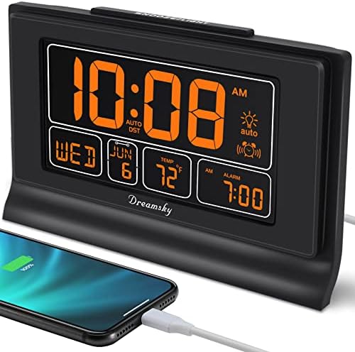 DreamSky Digital Alarm Clock with Battery Backup for Bedroom, Auto Set Clock with USB Charging Ports, 5 Inch Large Display with Date Weekday Temperature, Auto DST, Brightness Dimmer, Snooze, 12/24H