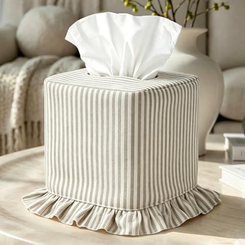 FYSUIMU Tissue Box Cover Khaki Stripe Napkin Holder Square Soft Fabric Facial Tissue Box Slipcover for Living Room Bedroom Bathroom Decor