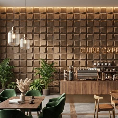 Image of Kayra Decor 3D PVC Wall Panels for Bedroom & Living Room | Cube Design | Magnum Brown Color | 19.7 x 19.7 Inch | Pack of 12 | 32.28 Sq Ft