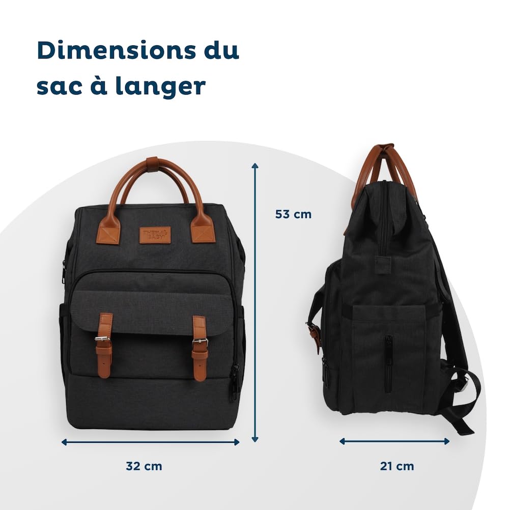 THERMOBABY- Sac à langer ESCAPADE - Sac à dos à langer Bébé - Matelas à langer pour Bébé Garçon et Fille inclus - Confortable - Pratique pour des sorties avec votre nouveau-né - Gris foncé