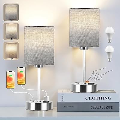 PARTPHONER Touch Table Lamps for Bedroom Set of 2, Bedside Nightstand Lamps with USB Port and Power Outlet, 3 Way Dimmable White Lamp for Living Room Nursery Room, Warm White Bulbs Included