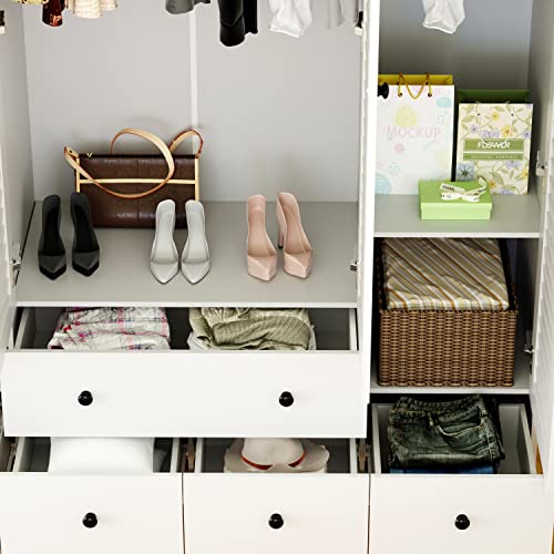 Large Wooden Wardrobe Armoire with Shelves, Drawers, Hanging Rod & Louver Doors - White (59.06”W x 19.06”D x 70.47”H)