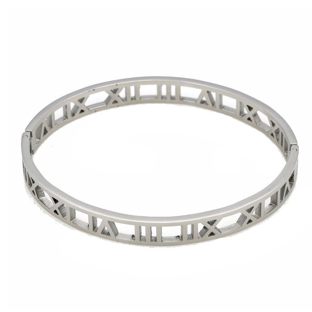 Stainless Steel Hollow Out Roman Numerals Bracelet Bangle for Lady