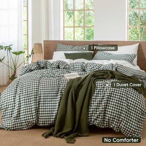 Image of MooMee Gingham Duvet Cover Set 100% Washed Cotton Linen Like Textured Breathable Durable Soft Comfy Modern Checkered Design (Forest Green Gingham, Oversized Queen 98 inchx98 inch)