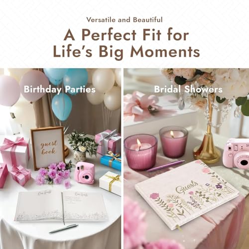 Image of Linen Embroidered Photo Wedding Guest Book - Premium Hardcover Pink Polaroid Guestbook for Wedding Reception, Baby Shower, Bridal Shower, Funeral, Graduation -160 Pages for Notes 10.25 inch x 8.25 inch
